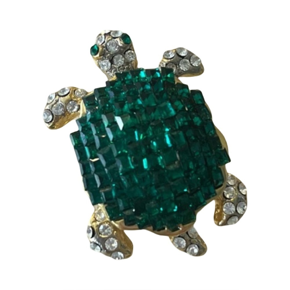 Vintage Green and White Crystal Turtle Brooch